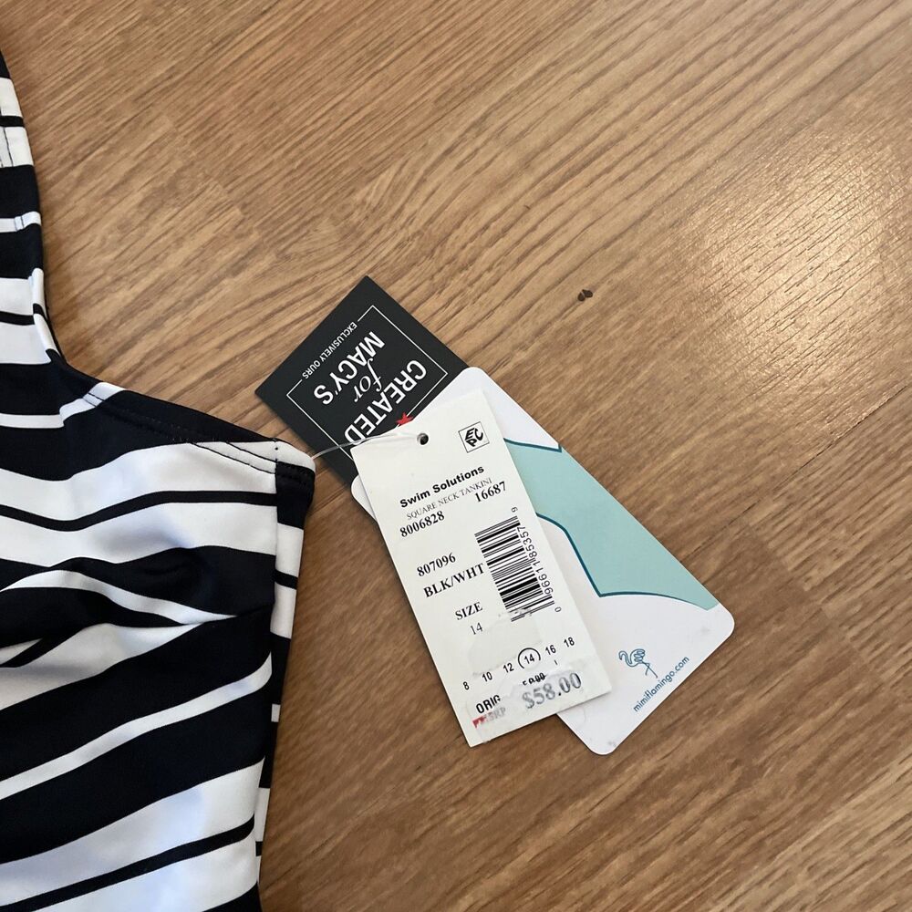 Swim Solutions Striped Tankini Top Black/White Size 14 NWT MSRP $58 - Picture 2 of 4